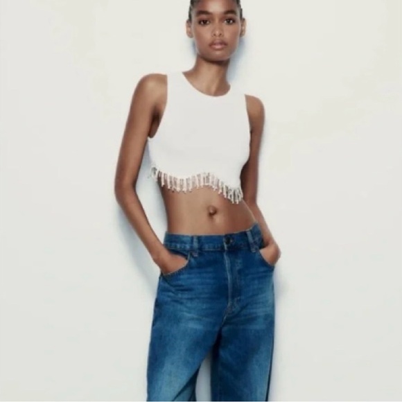 Zara White Ribbed Crop Tank with Rhinestone Fringe - Picture 6 of 7